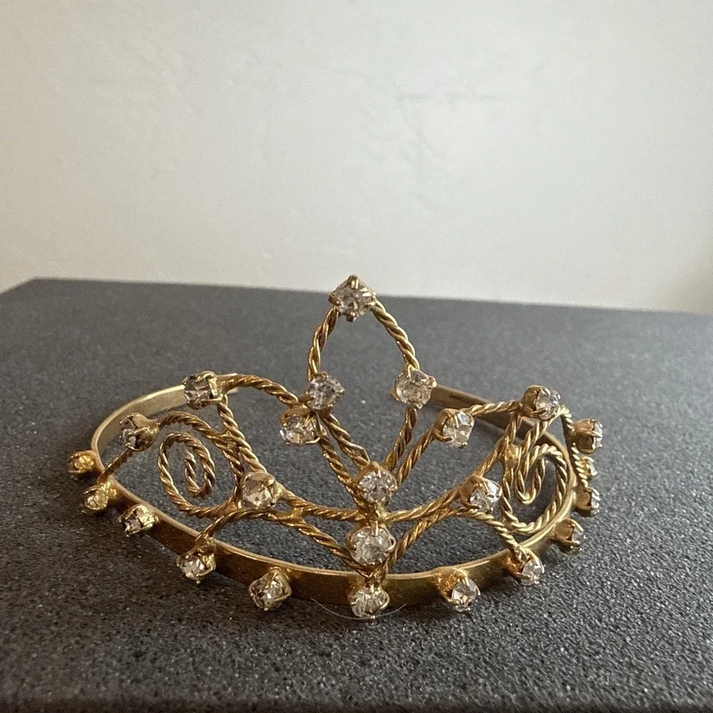 VTG Mid Century Gold Prong Set Rhinestone Tiara Mini Hair Crown Headband Bridal